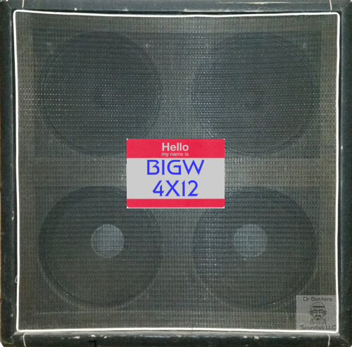 Dr Bonkers Guitar Cab-Oddities™ Volume 11: BIGW 4X12 Guitar Cab IR Collection in Fractal Audio and WAV file formats based upon the 1972 Hiwatt® 4X12 SE4123 ™ 100w Straight Guitar Amp Cab. This cabinet included 2 of the original 4X12 Hiwatt® badged Fane® purple label speakers [(code 125114 2943) labeled as BL & BR in my single mic files] made in England speakers and two 1973 square magnet Eminence® manufactured for Sound City® speakers [(code 67 7348) labelled as TL & TR in my single mic files] front view