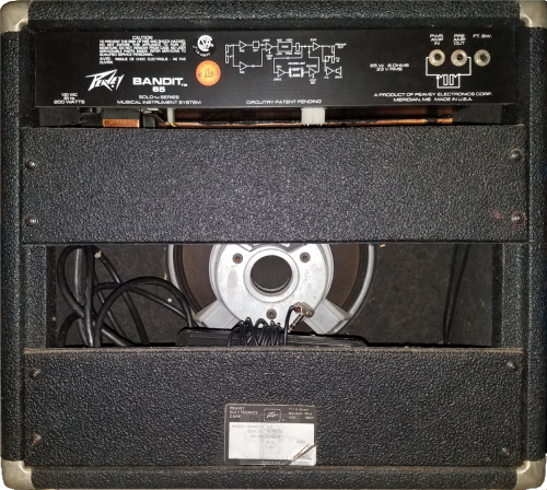 Rear view of an early 1980s Peavey Electronics Corp® Solo™ Series Bandit™ 65 1X12 Guitar Combo voiced with an original Peavey ® Scorpion™ 12 inch 8 ohm 200w speaker. featured in Dr Bonkers Guitar Cab-Oddities™ Volume 24: BND 1X12 Cab Pack. Available in Fractal Audio and WAV file formats.